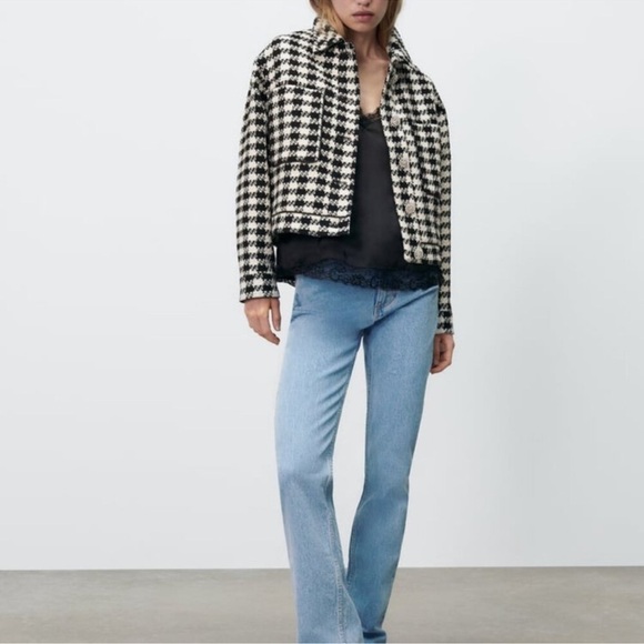 NWT Zara Houndstooth Tweed Wool Blend Blazer Jacket M Jewel Button Fall Workwear - Picture 2 of 9
